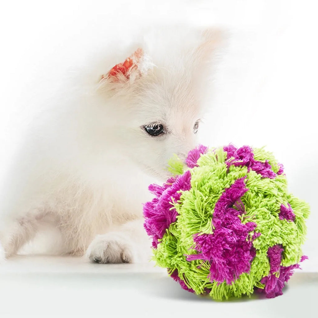 Purple soft plush dog knot ball toy with seaweed ball design measuring 15cm diameter