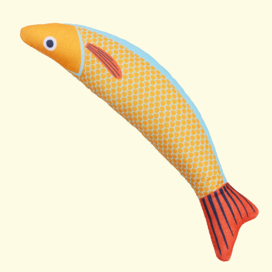 Soft plush fish cat toy in green with organic catnip filling for interactive play
