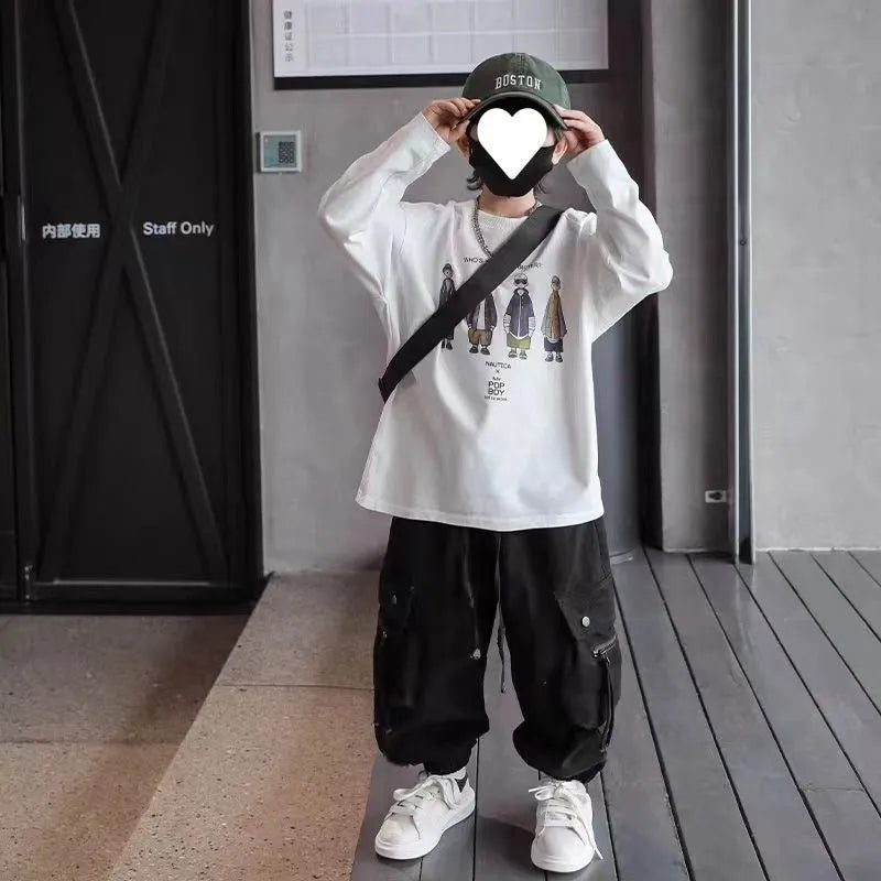 Children's cotton workwear trousers available in beige and black for heights 120cm to 170cm mid-waist fit