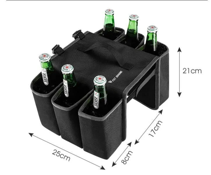 Black and blue orange bicycle double-sided anti-scratch shelf bag mounted on bike frame showing drink storage capacity