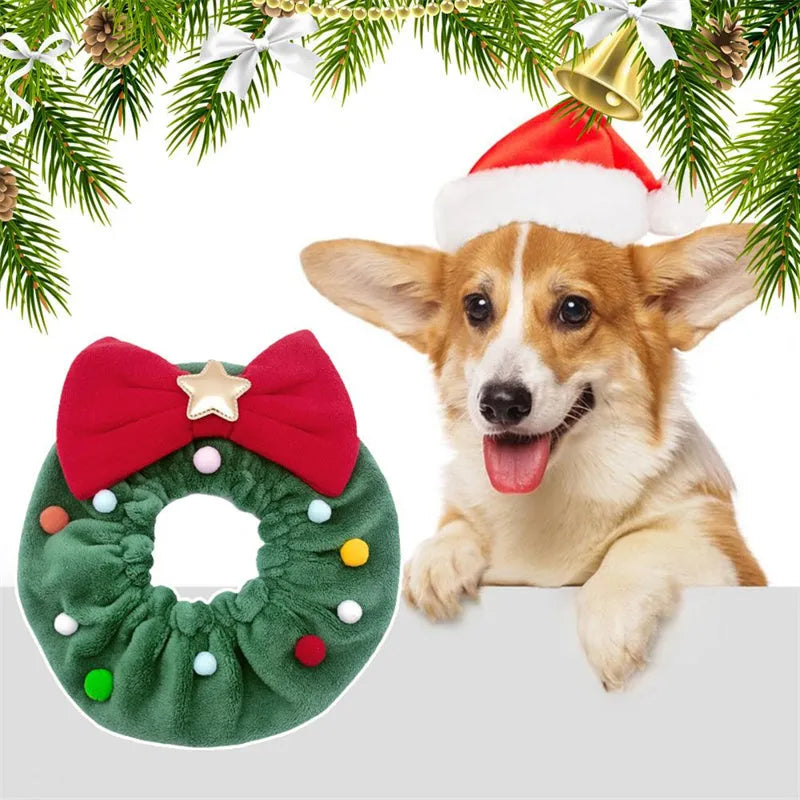 Red bow-knot Christmas pet collar scarf with colourful fuzzy balls on a cat or dog, four sizes available