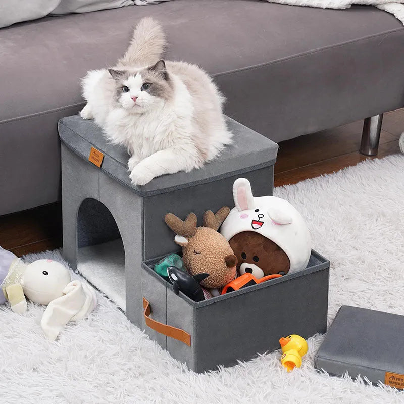 Grey foldable cloth pet storage stairs with dog climbing up 2-step Velcro design