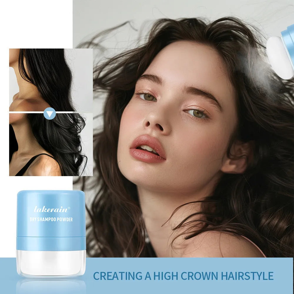 5g dry shampoo powder sachet with sponge applicator and headband mirror in blue, green, and red packaging options.