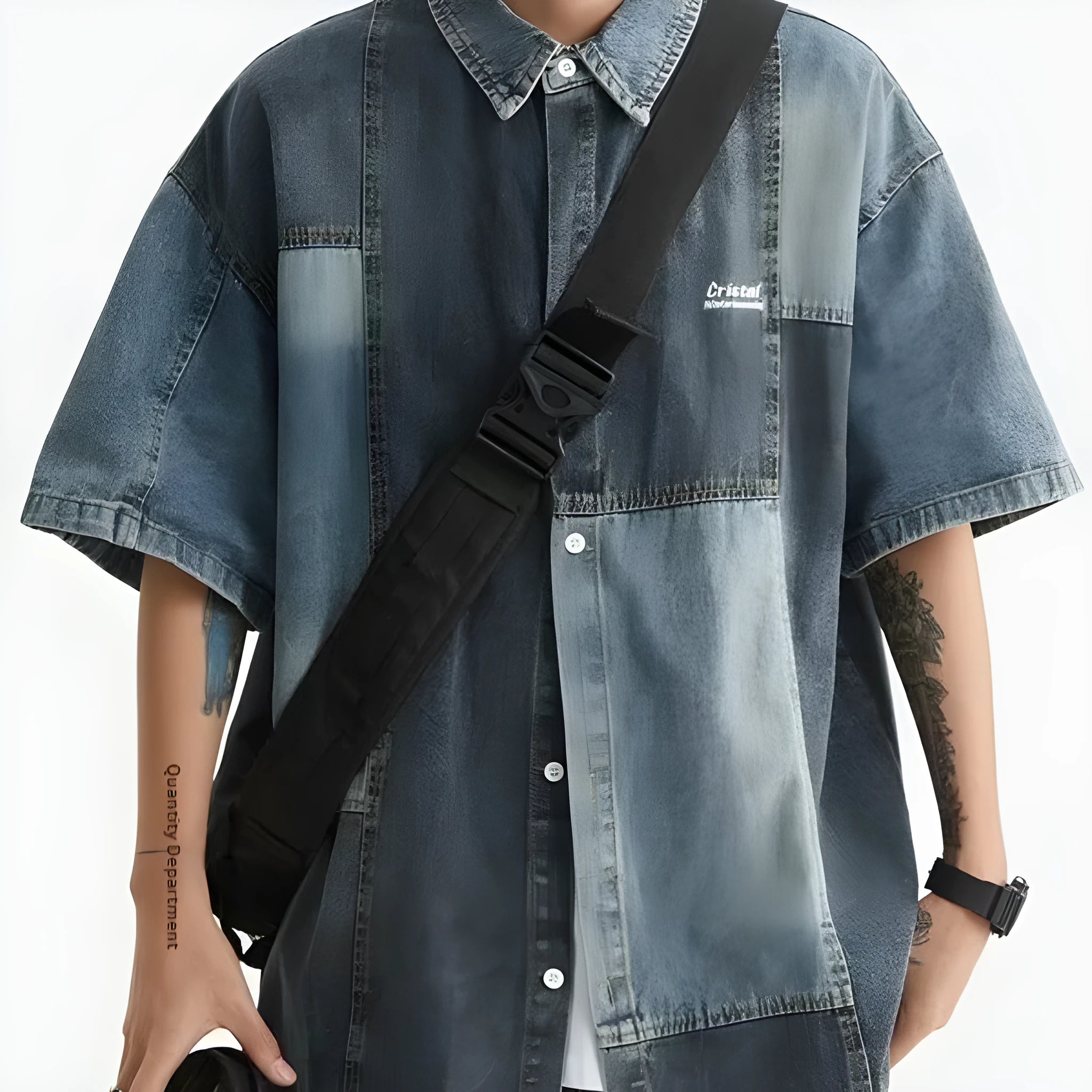 Blue Japanese-style retro washed denim shirt for men in a loose cardigan fit.