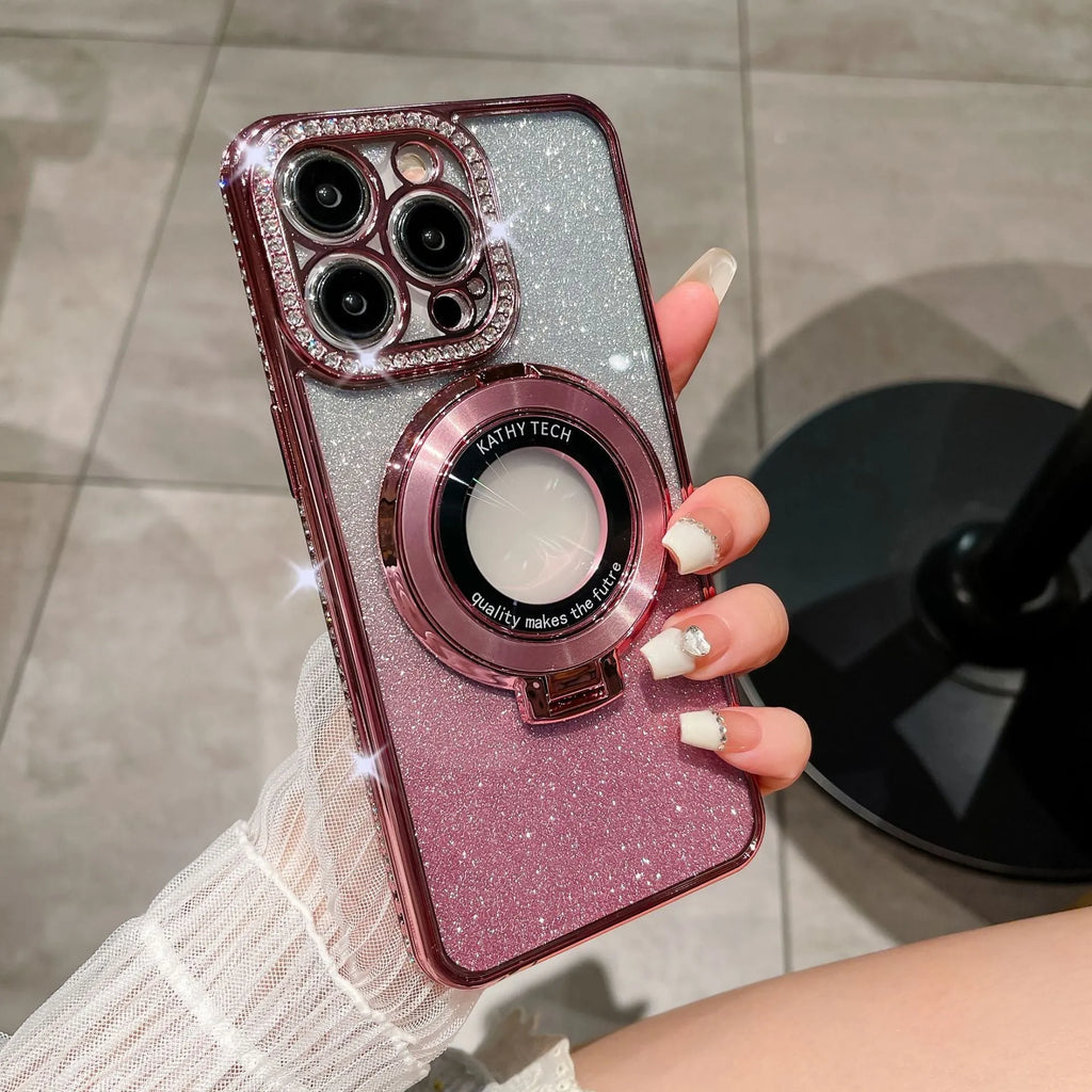 Glitter TPU electroplating magnetic bracket phone case for iPhone 15 Pro Max in purple colour