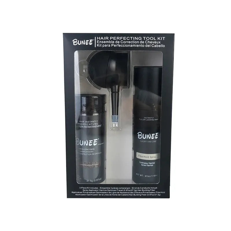 Dense hair fibre powder 275g can with application nozzle and styling spray for men.