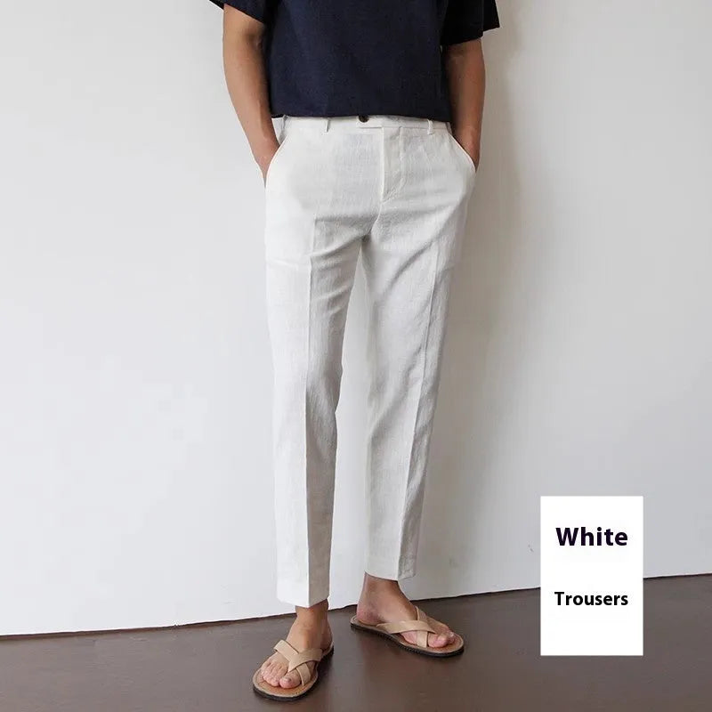 Men's cotton linen cropped straight-leg trousers in white, summer youth style with elastic waist