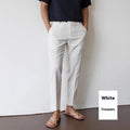 Men's cotton linen cropped straight-leg trousers in white, summer youth style with elastic waist
