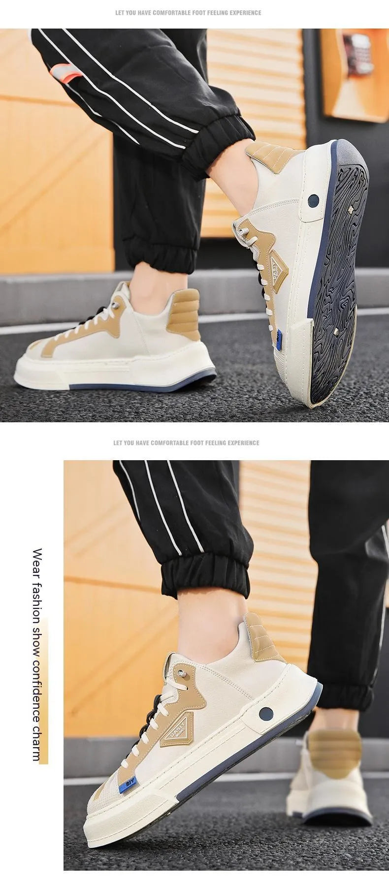 Men's beige low-top casual sneakers with elastic band and leather stitching.