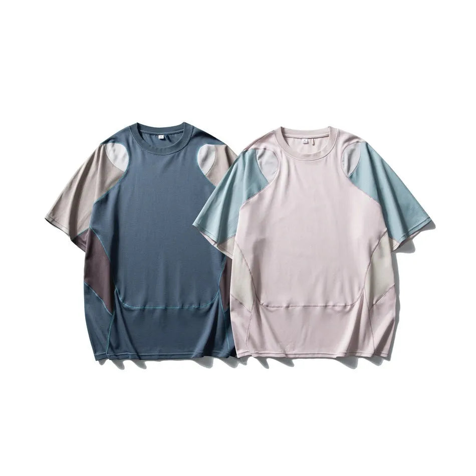 Men's loose blue cotton blend sports T-shirt with raglan short sleeves on hanger