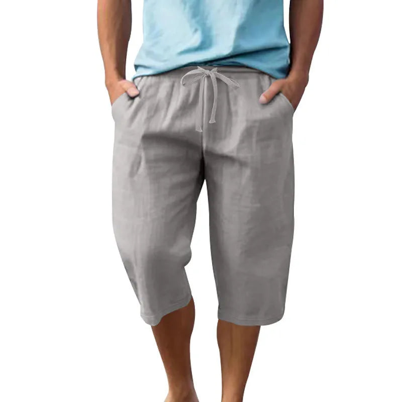 Men's loose linen cropped casual shorts with high drawstring waist in solid colours, sizes S to XXXL