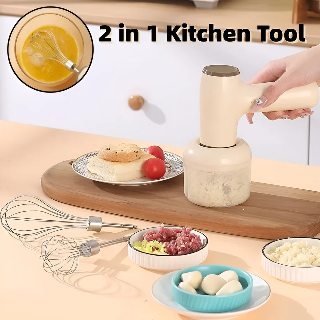 Beige yellow USB rechargeable electric garlic chopper with 250ml cup and 304 blade on a kitchen counter