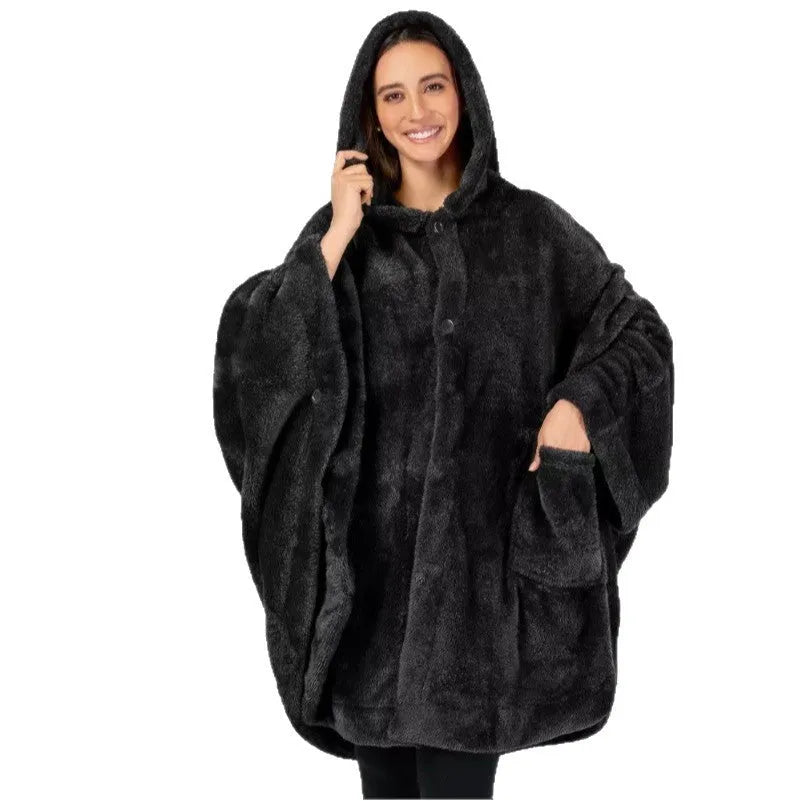 A thick hooded polyester bathrobe in a cardigan style with long sleeves, shown in a solid colour.