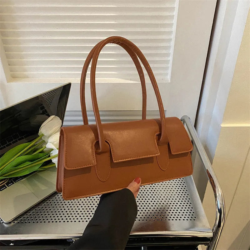 Women's black PU leather square shoulder bag with stitching detail and document compartment