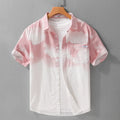 Men's light pink short-sleeved cotton shirt with loose cardigan style on hanger