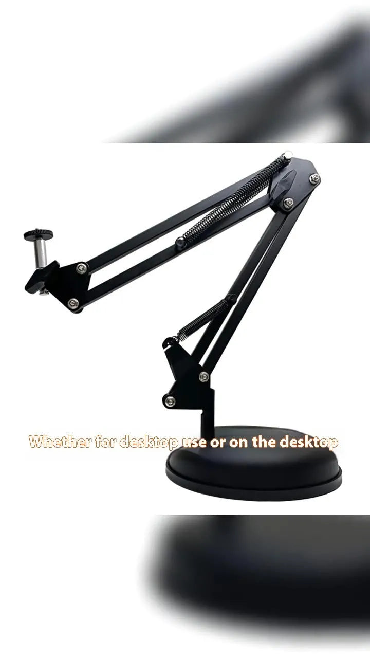 Black foldable metal desktop cantilever bracket holding a tablet, showing adjustable arm and clamp.