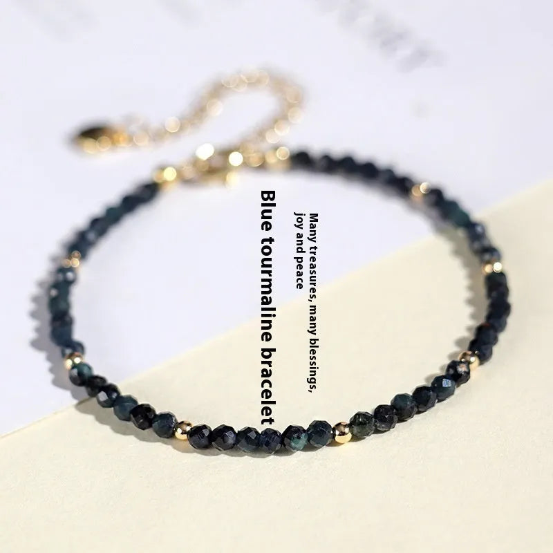 3mm blue tourmaline gemstone spacer bead bracelet for women