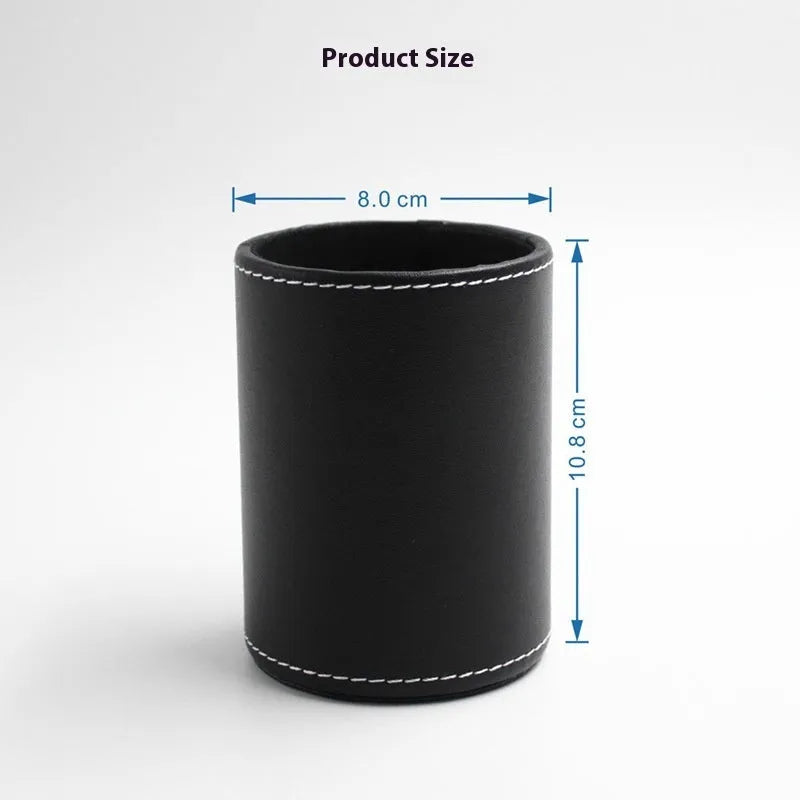 Black leather round pen holder container showing 8.0cm diameter and 10.8cm height dimensions