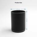 Black leather round pen holder container showing 8.0cm diameter and 10.8cm height dimensions