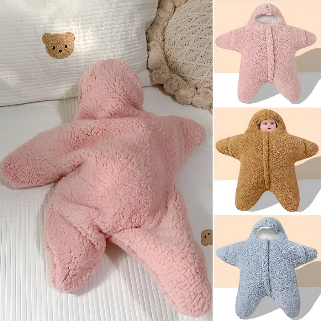 Baby lamb velvet starfish sleeping bag in khaki, hooded with zip and cuffs, lying flat on a surface