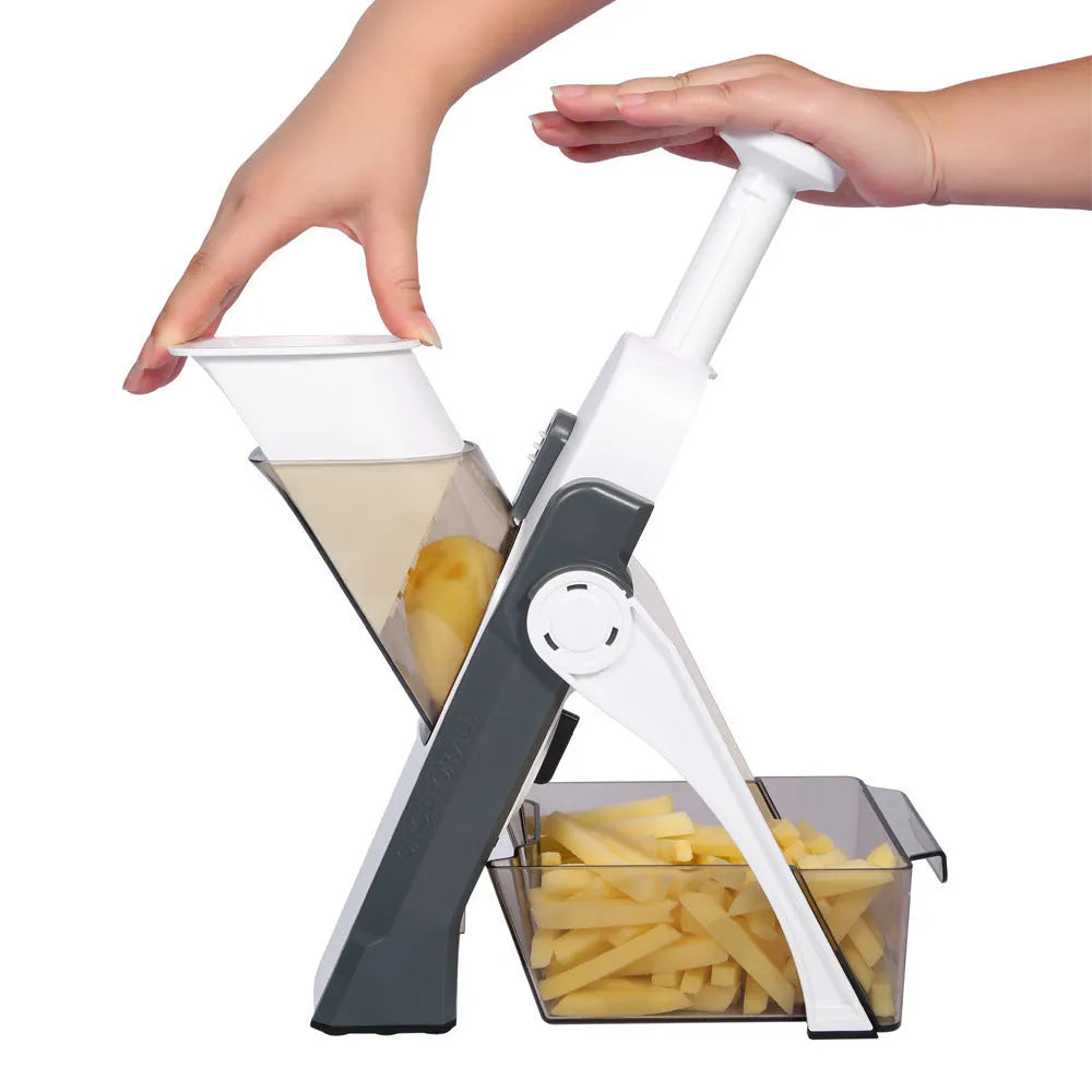 Multifunctional vegetable cutter mandoline with 30+ slicing options, 32x12x6.3cm, in orange, green or grey