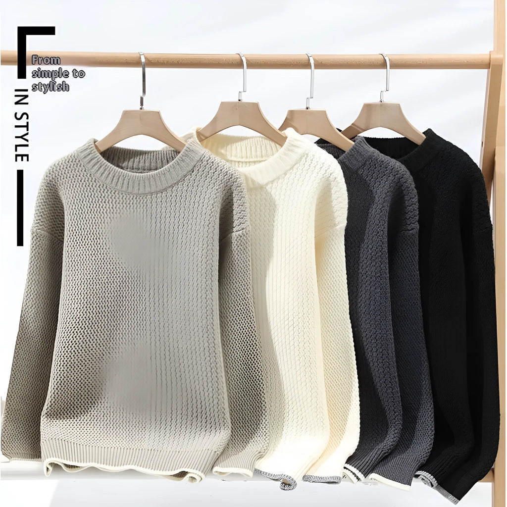 Men's loose fit round neck long sleeve pullover sweater in grey on a hanger