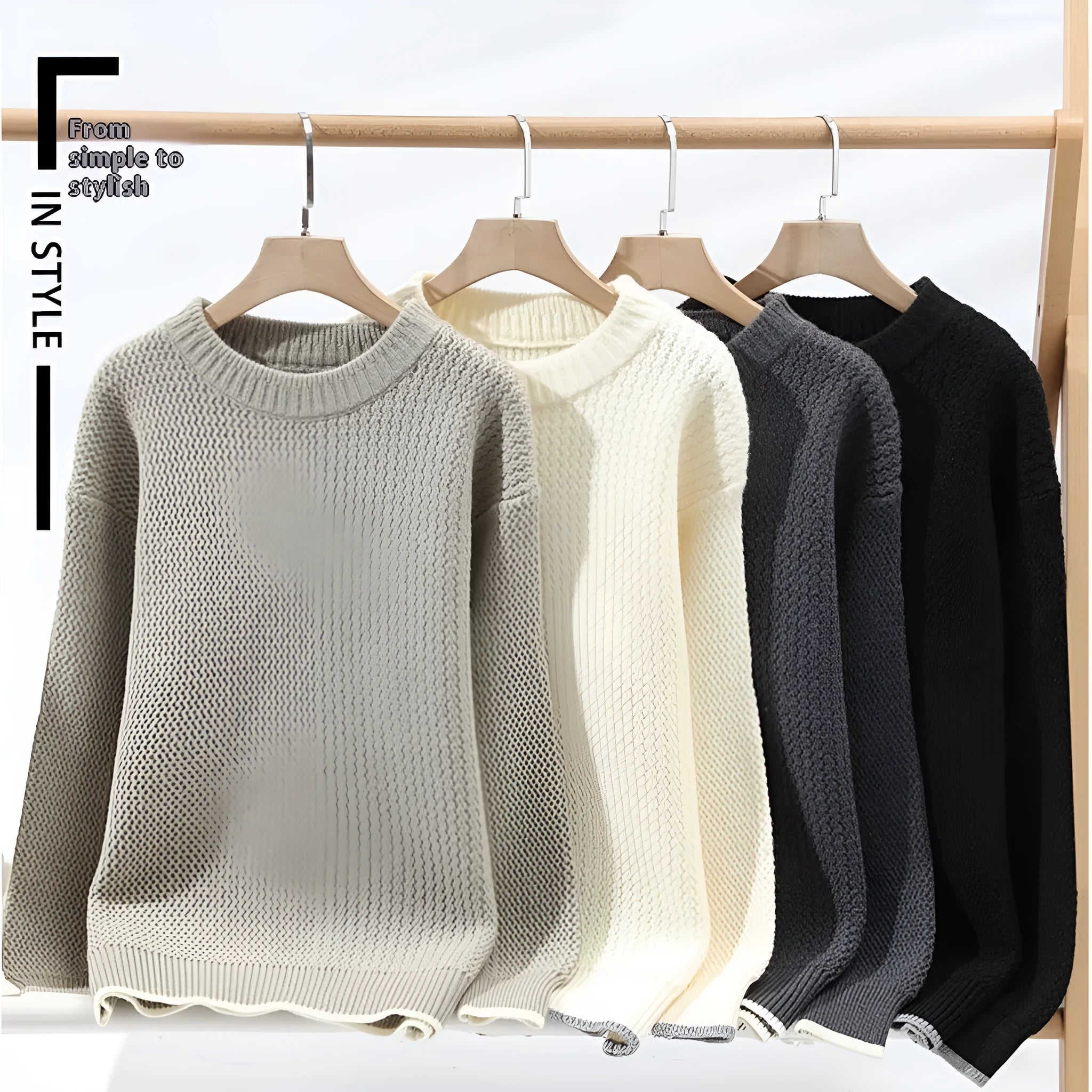 Men's loose fit round neck long sleeve pullover sweater in grey on a hanger