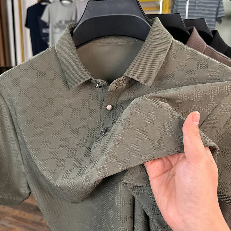 Rhombus pattern thin ice silk short sleeve T-shirt with slit detail in chemical fibre blend fabric