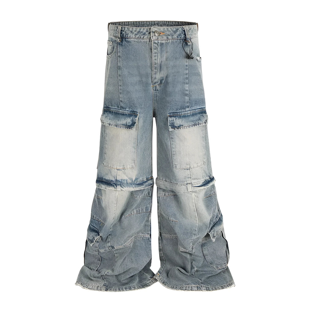 Detachable washed-out cotton overalls with multiple pockets and zip fly in black or blue colours