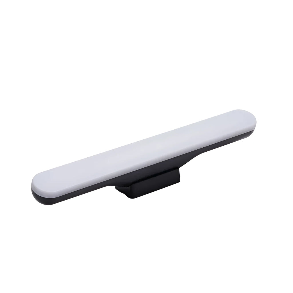 Modern simple white plastic LED desk lamp with touch switch and in-line power cord on a wooden desk.