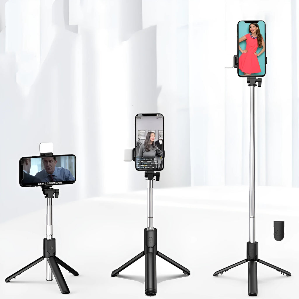 Black Bluetooth selfie stick tripod with phone holder showing 360-degree rotating head and aluminium alloy construction