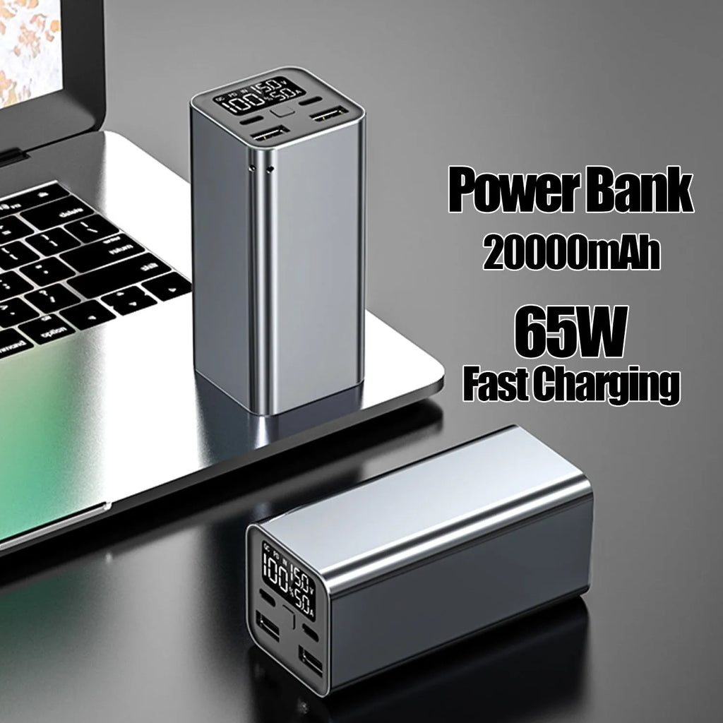 High power laptop charging bank with metal casing showing dimensions 47.5 x 104.5 x 47.5mm