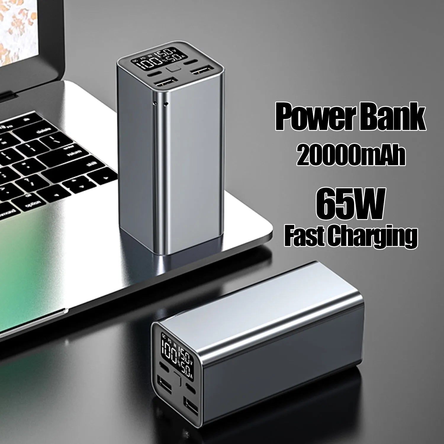 High power laptop charging bank with metal casing showing dimensions 47.5 x 104.5 x 47.5mm