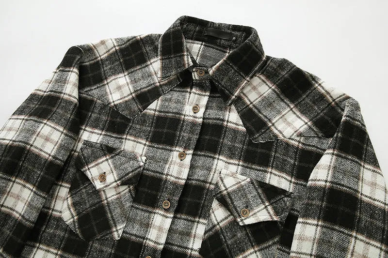 Men's long sleeve flannel plaid shirt jacket in black with corduroy lined cuffs and collar, soft brushed fabric