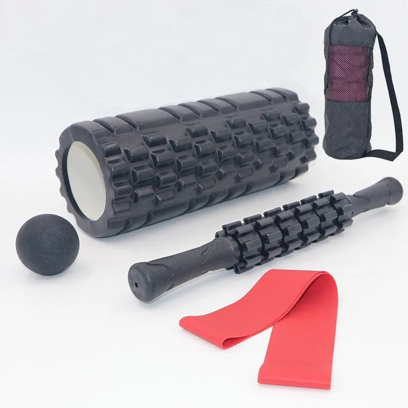 Black foam roller massage stick with gear bar design, 33cm long with six pieces