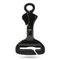 Black aluminium alloy dog car seat belt lock with 5cm tab resting on car seat