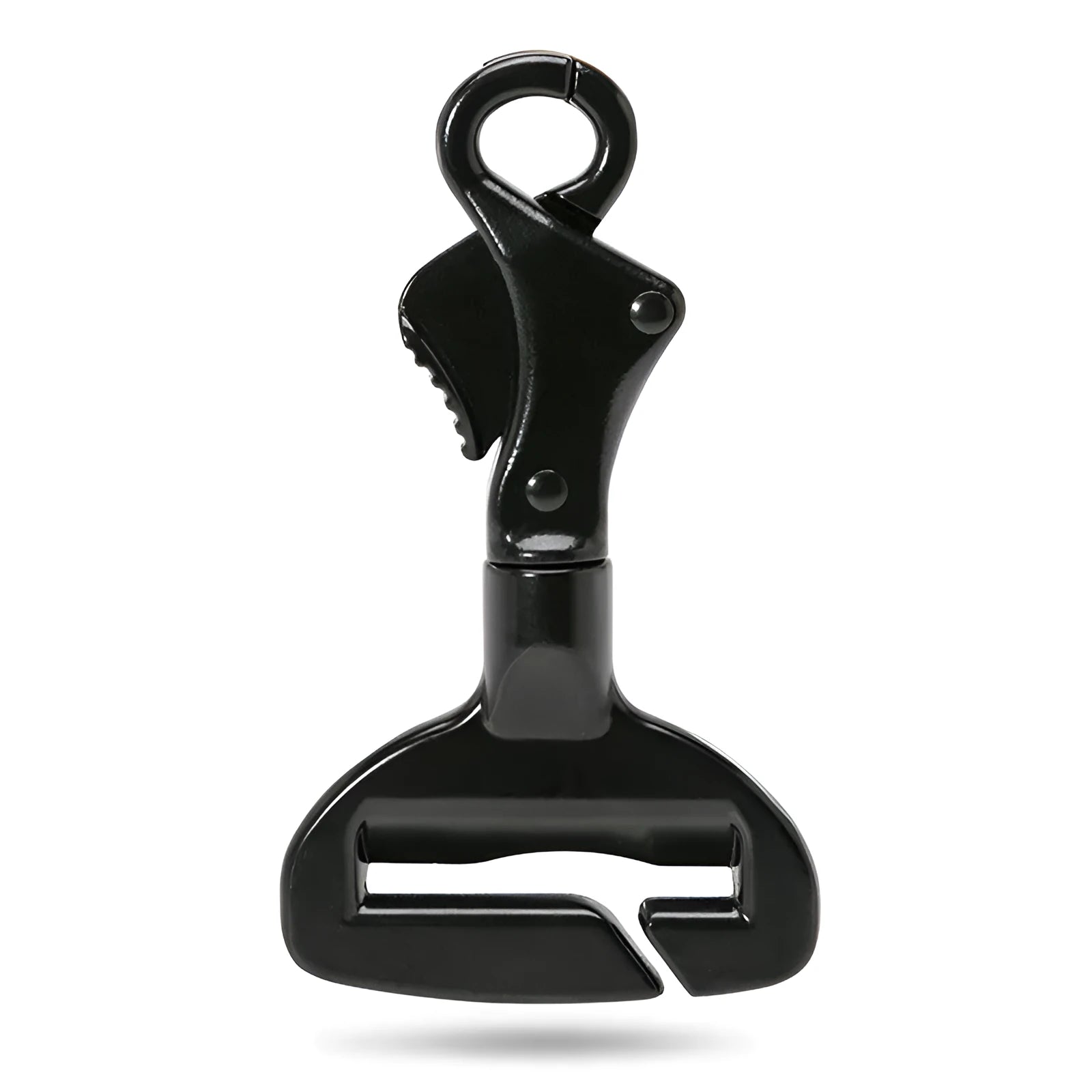 Black aluminium alloy dog car seat belt lock with 5cm tab resting on car seat