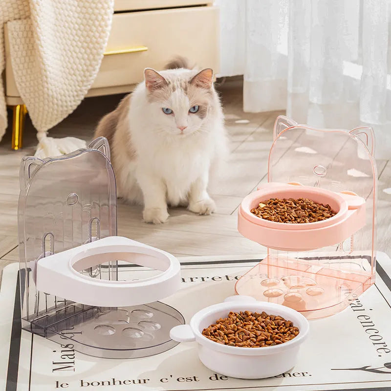 Grey cat feeding bowl with anti-spill design and removable cage, adjustable height.