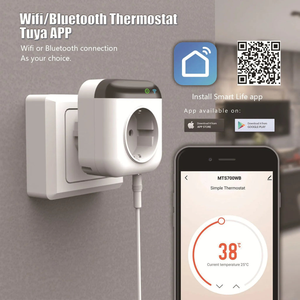White Tuya smart temperature control socket with three holes and a separate temperature sensor probe.