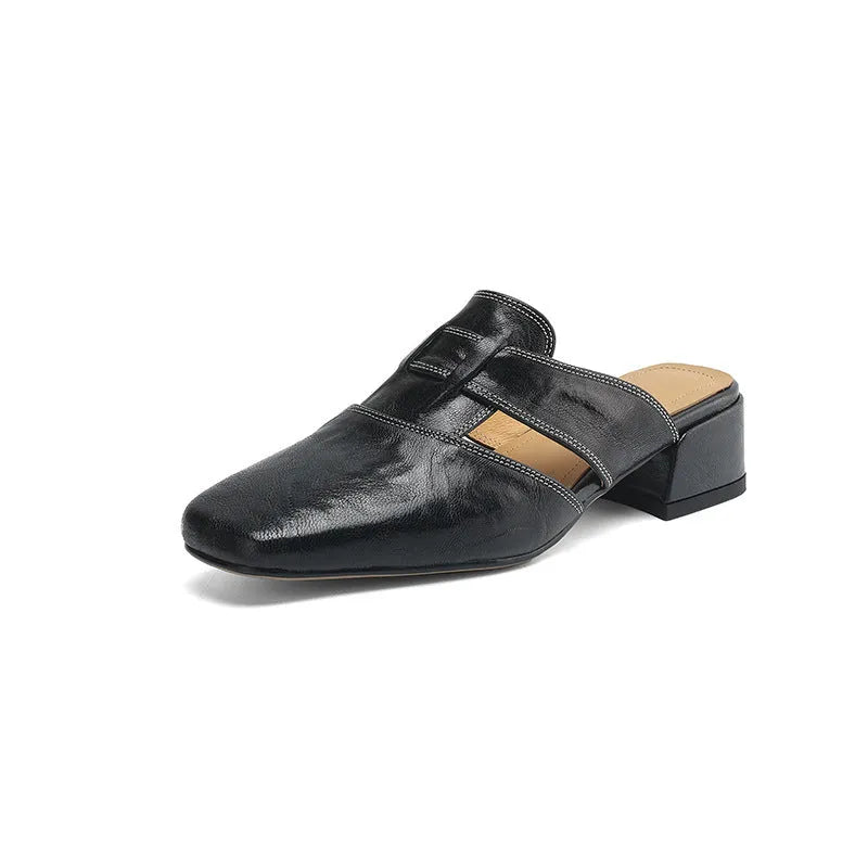 Women's retro closed toe half slippers in genuine leather with low thick heel, square toe, apricot colour
