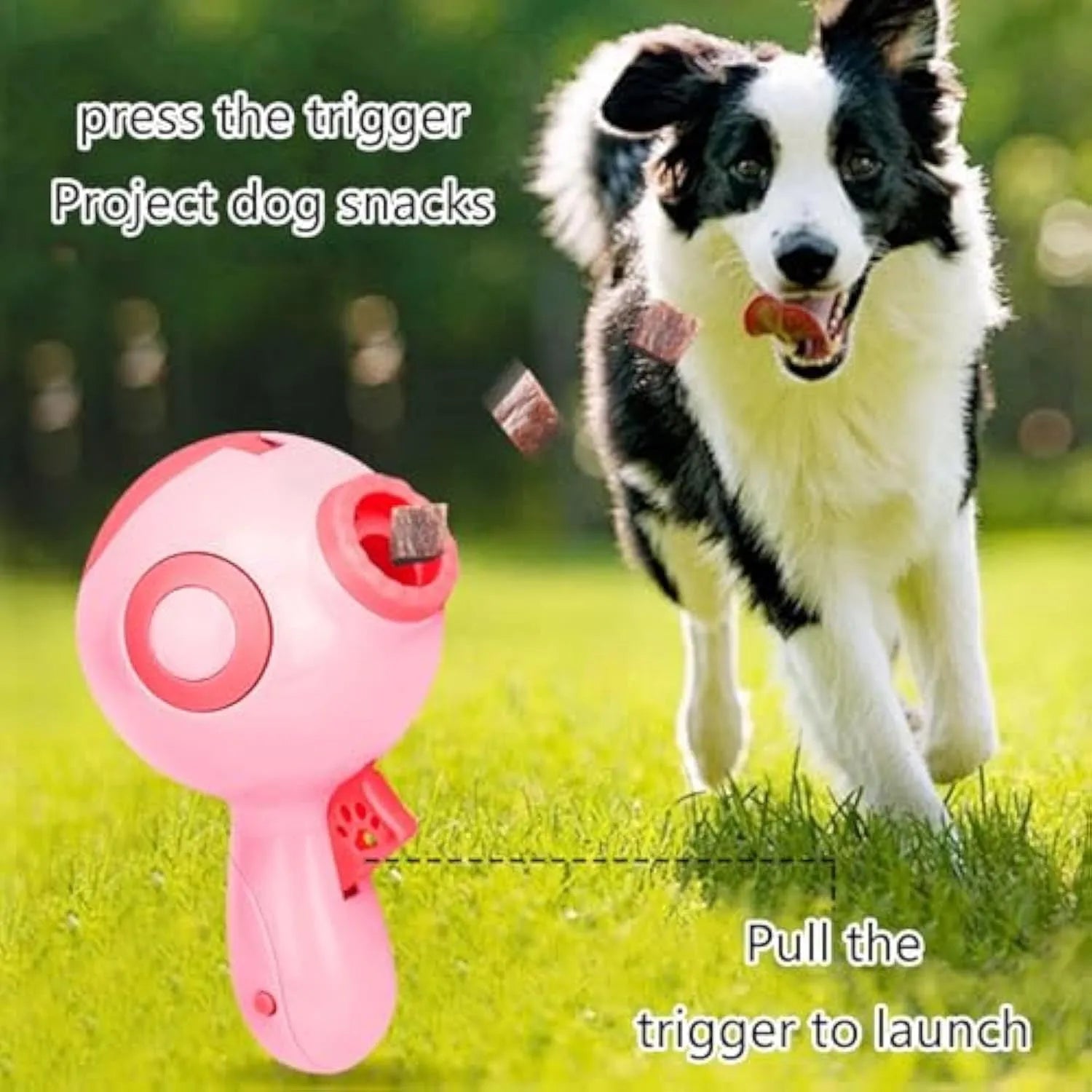 Green, orange, and pink interactive dog treat launcher toy measuring 15.5cm by 9cm by 8.5cm