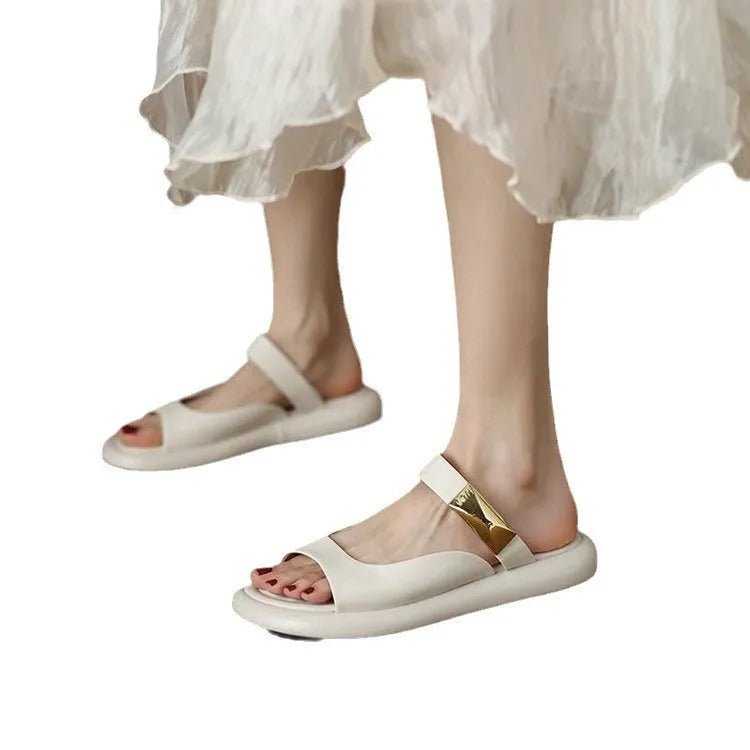 Apricot and white French soft leather peep toe flat platform sandals with rubber soles
