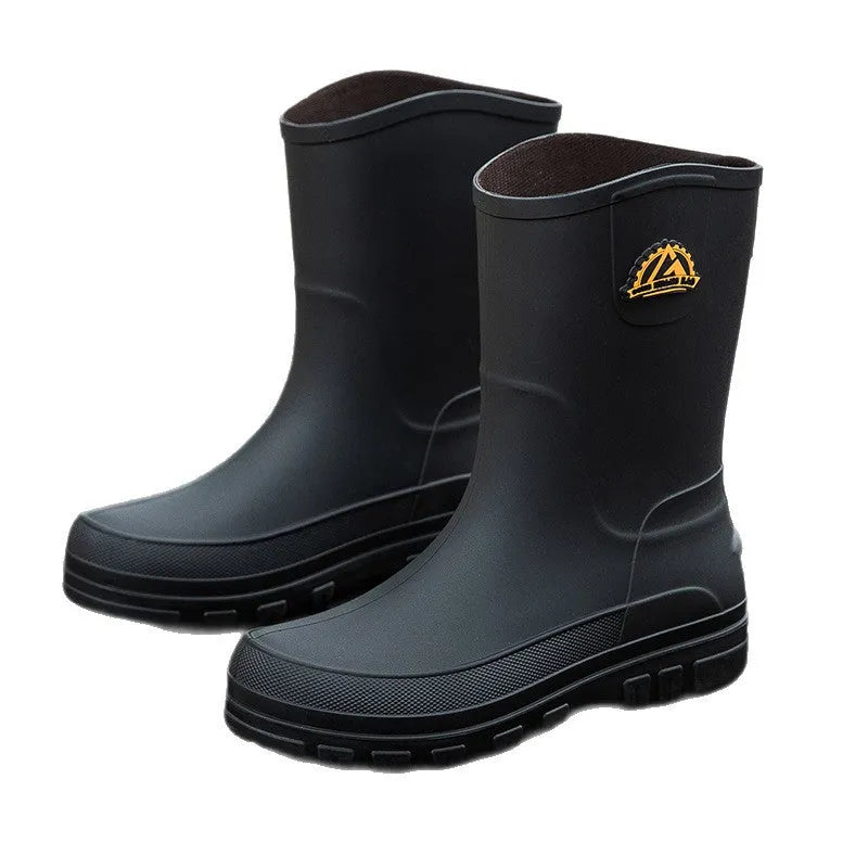 Men's outdoor non-slip PVC rain boots with flat heel, black drawstring style, sizes 39-47