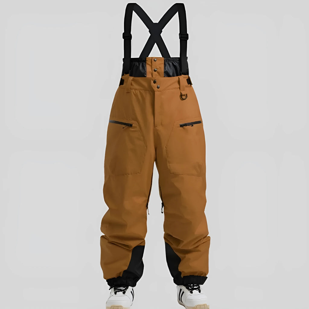 Men's black waterproof ski pants with a thickened strap detail, made from linen fabric.