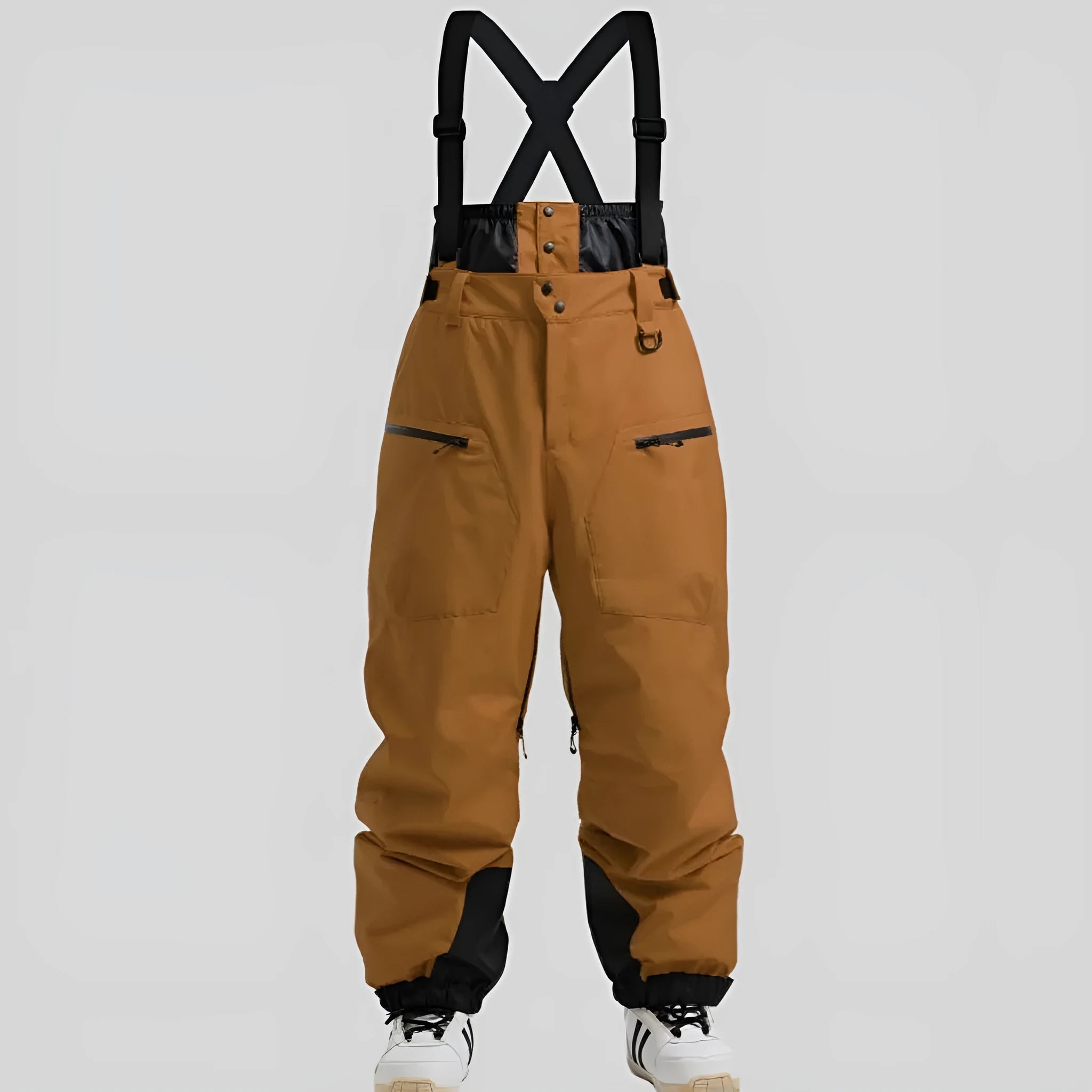 Men's black waterproof ski pants with a thickened strap detail, made from linen fabric.
