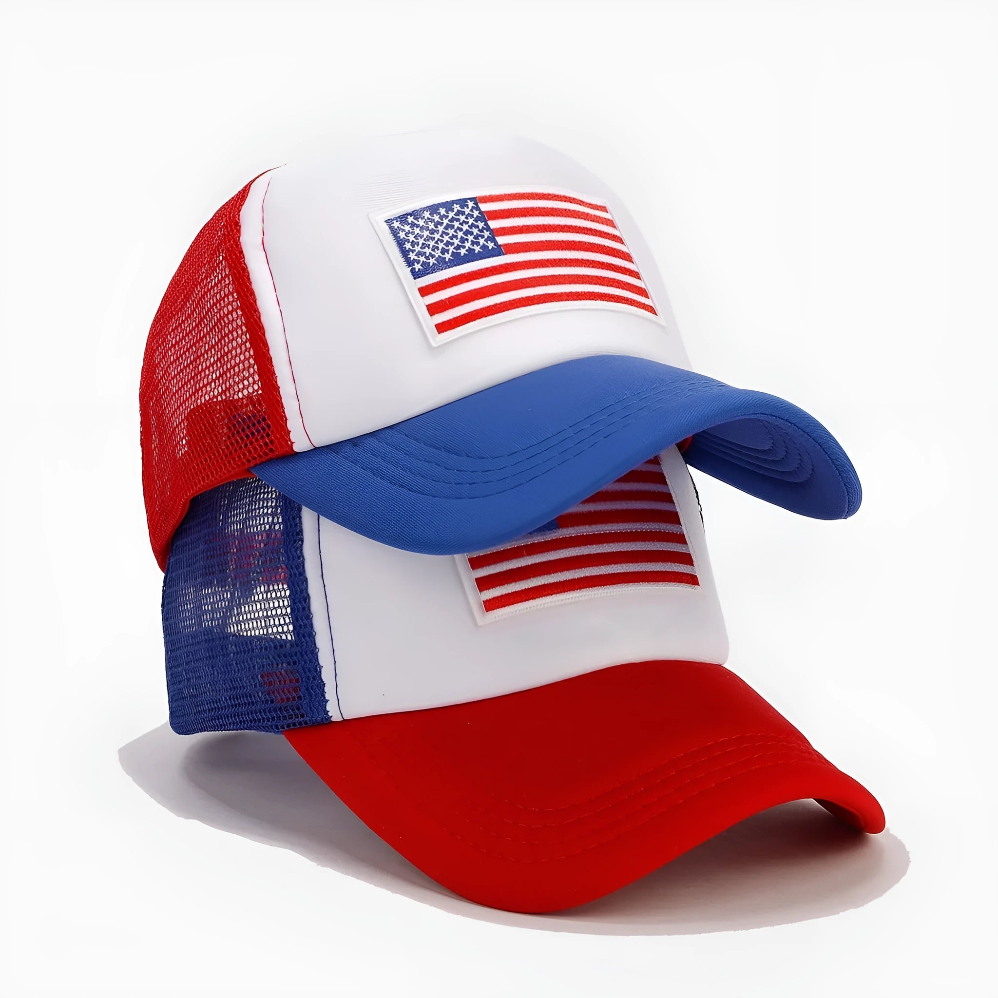 Red and blue contrast mesh baseball cap with adjustable strap and breathable space cotton fabric