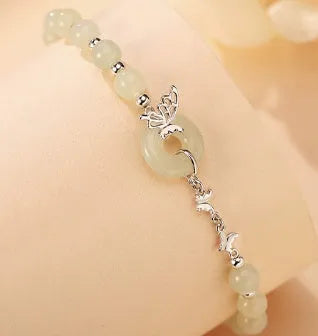 925 silver butterfly necklace with inlaid jade peace buckle on a chain, with matching bracelet