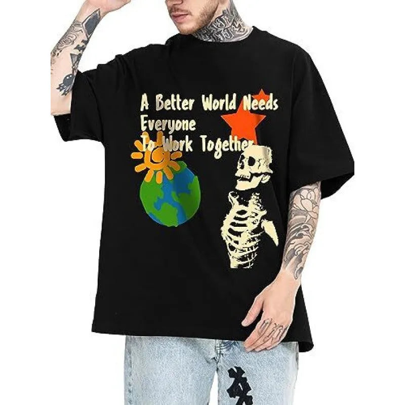 Man wearing a printed short-sleeve polyester sports T-shirt in a casual street style.