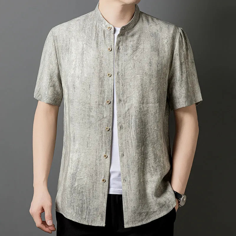 Men's loose fit linen-style shirt in chemical fibre blend fabric with stand collar and short sleeves