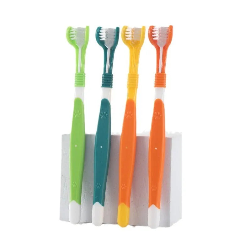 Pet toothbrush oral cleaning product with plastic handle and nylon bristles in assorted colours